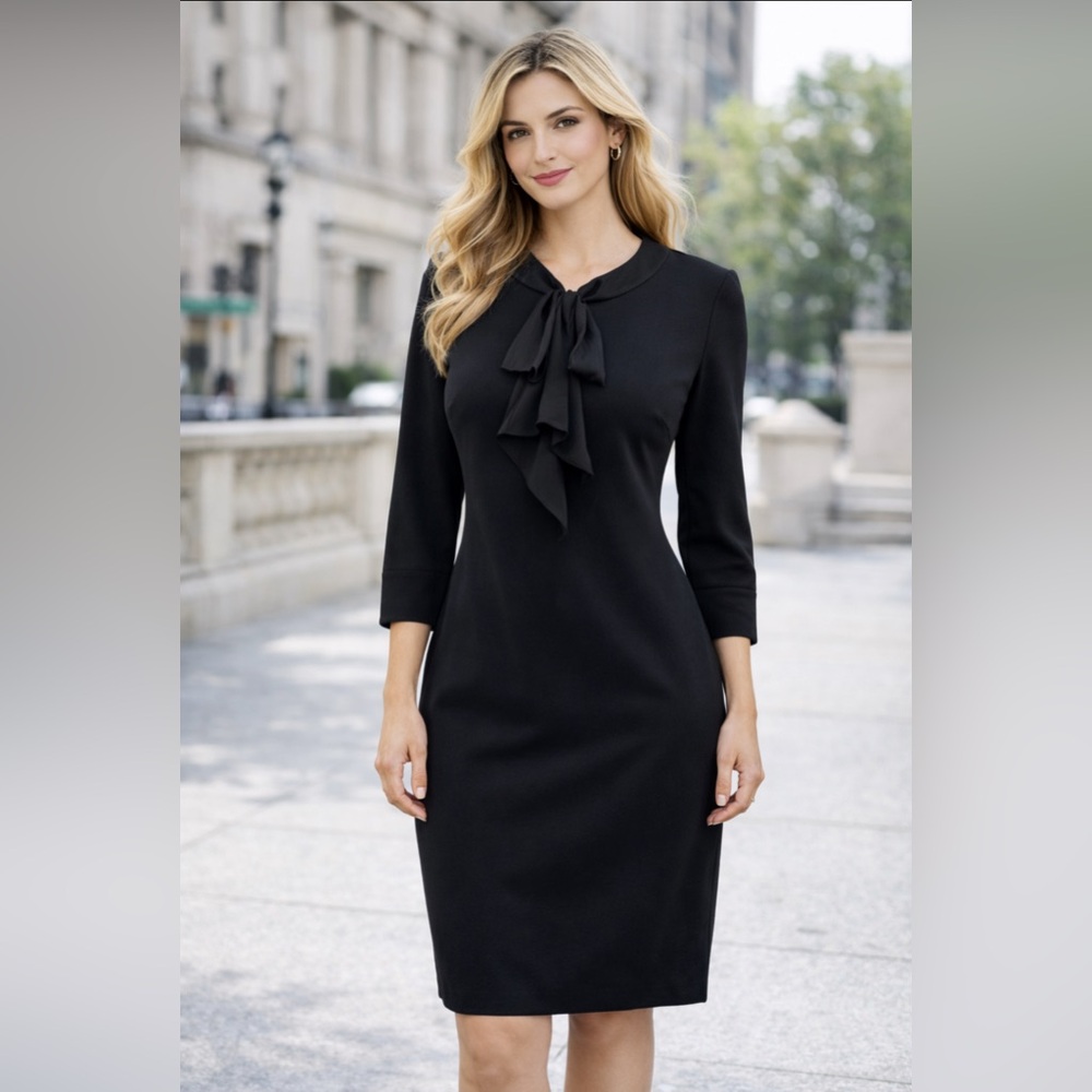 Boden Dress Black 6 R Stretch Cotton Sheath Scarf Tie Neck Washable Career